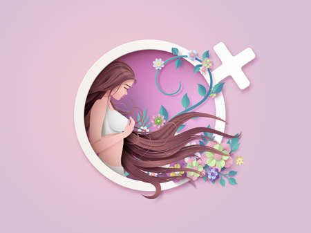 International Women's Day 8 march with frame of flower and leaves , Paper art style.の写真素材