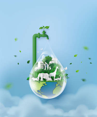 concept of ecology and world water day . Paper art ,paper cut , paper collage style with digital craft .の写真素材