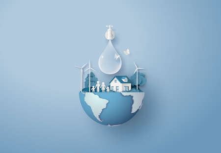 concept of ecology and world water day . Paper art ,paper cut , paper collage style with digital craft .のイラスト素材