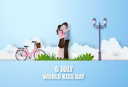 world kiss day. man and woman couple kissing. paper collage and paper cut style with digital craft .のイラスト素材