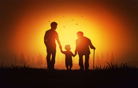 Silhouette of grandfather father and son in the park at the sunset time .Concept of friendly family...