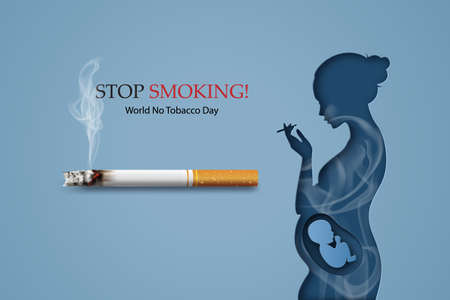 concept of no smoking and World No Tobacco Day with pregnant woman smoking. paper collage style with digital craft .の写真素材