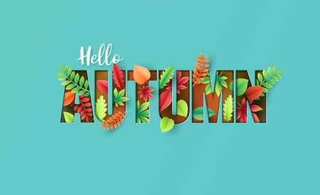 paper cut of Autumn season ,colorful autumn leaves on  background. Vector illustration.のイラスト素材