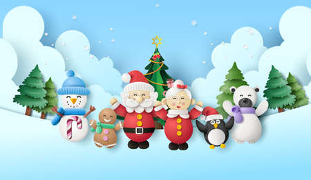 Merry Christmas and Happy new year. Funny cute Christmas family . papercut style.の写真素材