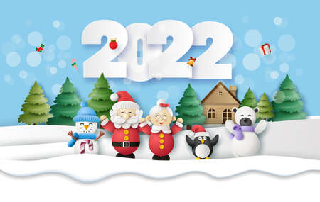 Merry Christmas and Happy new year. Funny cute Christmas family . papercut style.の写真素材