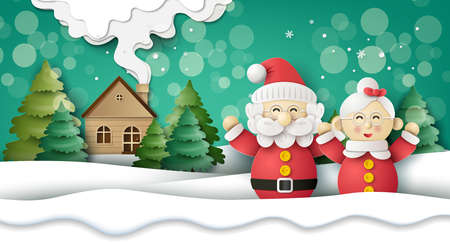 Merry Christmas and Happy new year. Funny cute Christmas family . papercut style.の写真素材