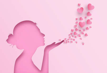 Illustration of love and valentine's Day,  with woman blowing paper hearts on hand,paper cut style.のイラスト素材