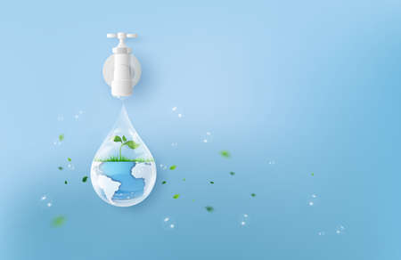 nature and environment concept with dad and daughter plant a tree .paper cut and digital craft style.の写真素材