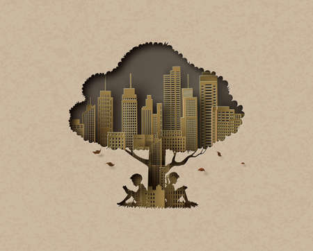 nature and environment concept with dad and daughter plant a tree .paper cut and digital craft style.の写真素材
