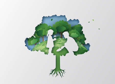 nature and environment concept with dad and daughter plant a tree .paper cut and digital craft style.の写真素材