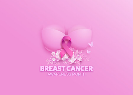 Breast cancer awareness month. paper cut style with flowers and pink ribbin.のイラスト素材
