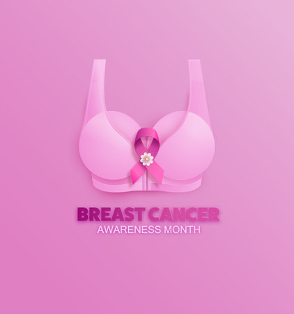 Breast cancer awareness month. paper cut style with flowers and pink ribbin.のイラスト素材