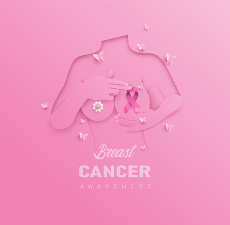 Breast cancer awareness month. paper cut style with flowers and pink ribbin.のイラスト素材