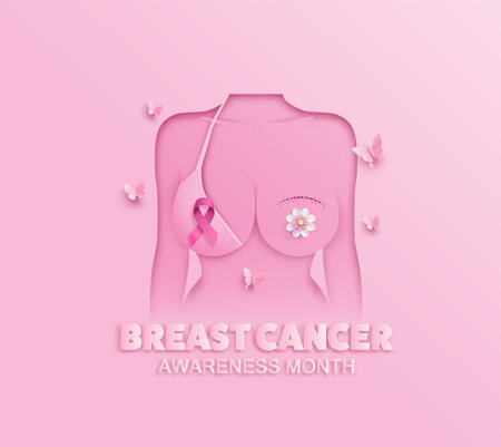 Breast cancer awareness month. paper cut style with flowers and pink ribbin.のイラスト素材