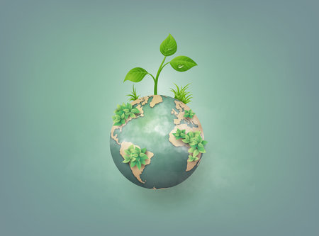 Ecology concept with green sprout growing out of earth. Vector illustration.の写真素材