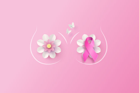 Breast Cancer Awareness Ribbon and Flower Background. Vector Illustration.のイラスト素材