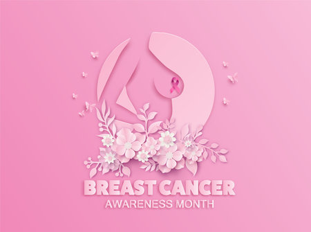 Breast Cancer Awareness Month Campaign. Vector Illustration of Pink Ribbon and Flowers on Pink Background.のイラスト素材