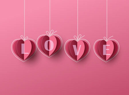 love and Valentine day with paper heart ,and love text Paper art and craft style.のイラスト素材