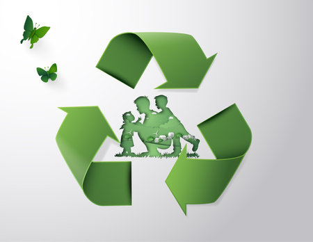 Recycle and environment  with green recycle logo and family,Paper cut art style.のイラスト素材