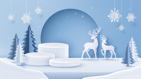 Christmas Winter Product podium with reindeer on geometric shapes and snowflake on background, vector illustration in paper art styleのイラスト素材