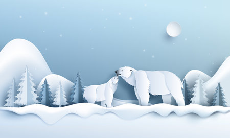 Wildlife Winter Scenes with polar bear with Christmas tree and snow,the winter season and Christmas.vector illustration in paper art style.のイラスト素材
