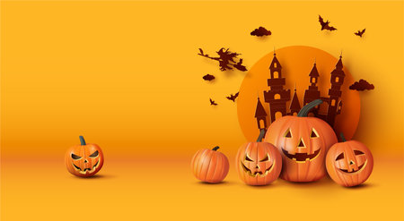 Paper cut art Happy Halloween greeting banner with pumpkins and 
witch and batà¸« in the background,.のイラスト素材