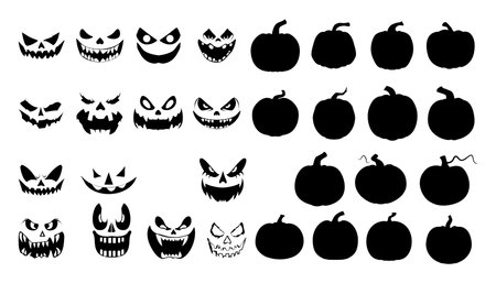 Happy Halloween,Set of different pumpkin face emotion silhouette .のイラスト素材
