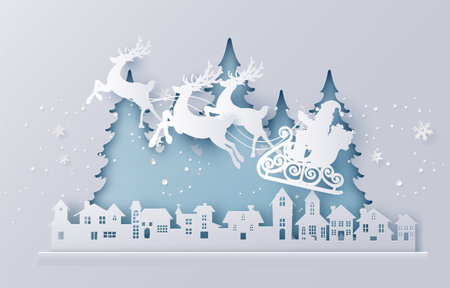 Merry Christmas and Happy New Year. Illustration of Santa Claus on the sky coming to City ,paper art and craft styleの写真素材