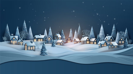 Winter Snow Urban Countryside Landscape city a rural village near a lake at night with snow falling ,Happy new year and Merry christmas,.Paper cut art style.の写真素材