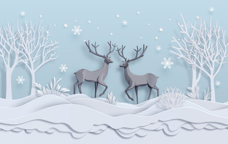 Deer in forest with snow.snowy landscape ,copy space. , greeting card.Paper cut art style.の写真素材