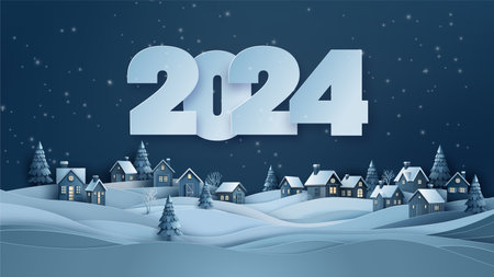 Merry Christmas and Happy New Year 2024, Countryside Christmas night village, snowy landscape panorama,
 copy space. , greeting card.Paper cut art style. with digital craft .の写真素材