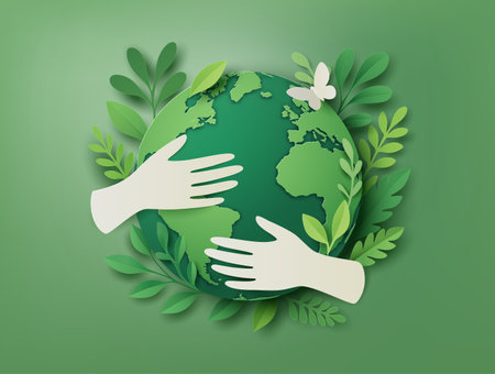 World environment and earth day concept with two hands hug the world, paper cut art style.の写真素材
