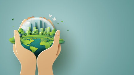 A stunning paper cut style illustration of Earth Day, symbolizing environmental conservation, sustainability, and eco friendly urban living.の写真素材