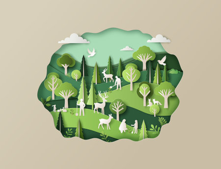 Celebrate World Forestry Day with a paper-cut nature scene, highlighting conservation, biodiversity, and the vital role of trees in our ecosystem.の写真素材