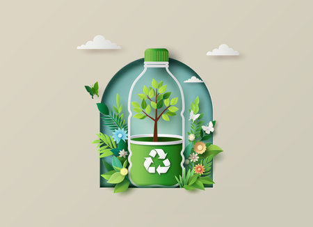 A creative paper cut style illustration promoting recycling and environmental sustainability. A green plastic bottle with a tree inside symbolizes eco conscious living and waste reduction.の写真素材