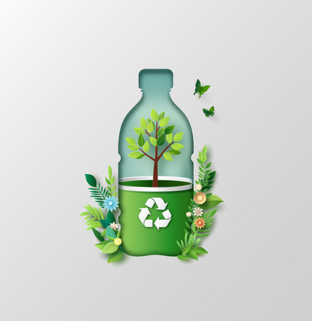 A creative paper cut style illustration promoting recycling and environmental sustainability. A green plastic bottle with a tree inside symbolizes eco conscious living and waste reduction.の写真素材
