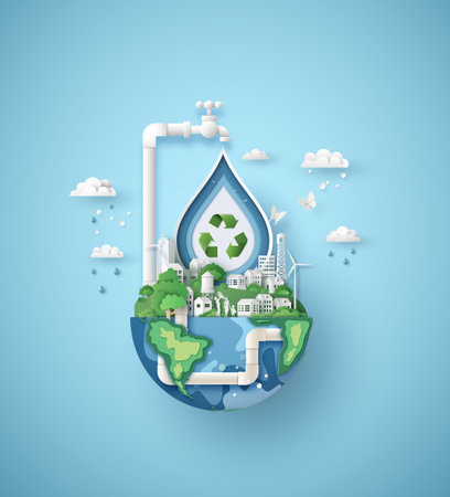 World water day paper cut style water droplet containing a scenic landscape. Inside, a river flows through green hills with trees, houses, and a water tower. A wind turbine symbolizes renewable energy. Surrounding the droplet are leaves and clouds, representing nature and sustainability. The background is soft blue.の写真素材