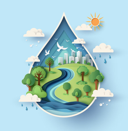 World Water Day, using a water droplet shape filled with nature, a river, a city, and flying birds. Surrounding clouds, rain, and the sun highlight the water cycle and the importance of water conservation.の写真素材