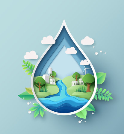 World water day paper cut style water droplet containing a scenic landscape. Inside, a river flows through green hills with trees, houses, and a water tower. A wind turbine symbolizes renewable energy. Surrounding the droplet are leaves and clouds, representing nature and sustainability. The background is soft blue.の写真素材