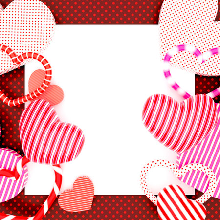 3d rendering of red valentines day background with colorful 3d hearts with copy spaceの写真素材
