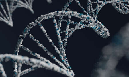 DNA. 3d rendering wireframe DNA molecule helix spiral on blue. Medical science, genetic biotechnology, chemistry biology, gene cell concept Medical science backgroundの写真素材