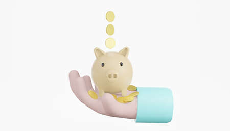 3D Hand holding Piggy bank, coin stack, isolated white background, money saving concept, 3d renderingの写真素材