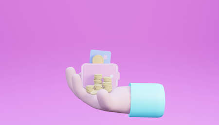3d rendering, money-saving concept, wallet, coin, the credit card on handの写真素材