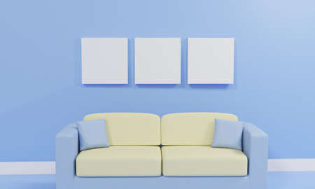 Minimalist living room with sofa against blue wall, 3d renderingの写真素材