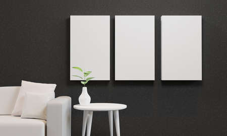 Mockup the frame in the cozy home interior background, style black and white living room, 3D...