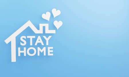 ''Stay Home'' with the home form on the blue color background to stay at home. Coronavirus Stay Safe stays home banner. 3D renderingの写真素材