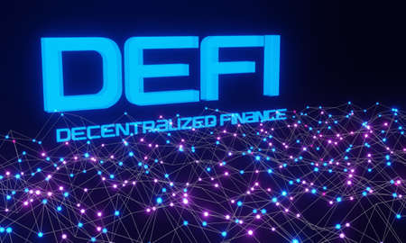 Defi -Decentralized Finance on dark blue and pink abstract polygonal background. applications and services based on public blockchains. 3d renderingの写真素材