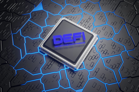 Defi -Decentralized Finance on dark blue CPU background. with the printed circuit board Concept of blockchain, decentralized financial system.の写真素材