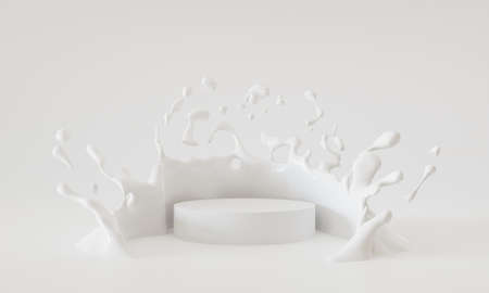 Milk splashing in the podium white isolated on white background, 3d renderingの写真素材