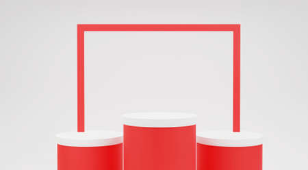 Red background. three white podium minimalist mock up scene for cosmetic or another product, 3d renderingの写真素材